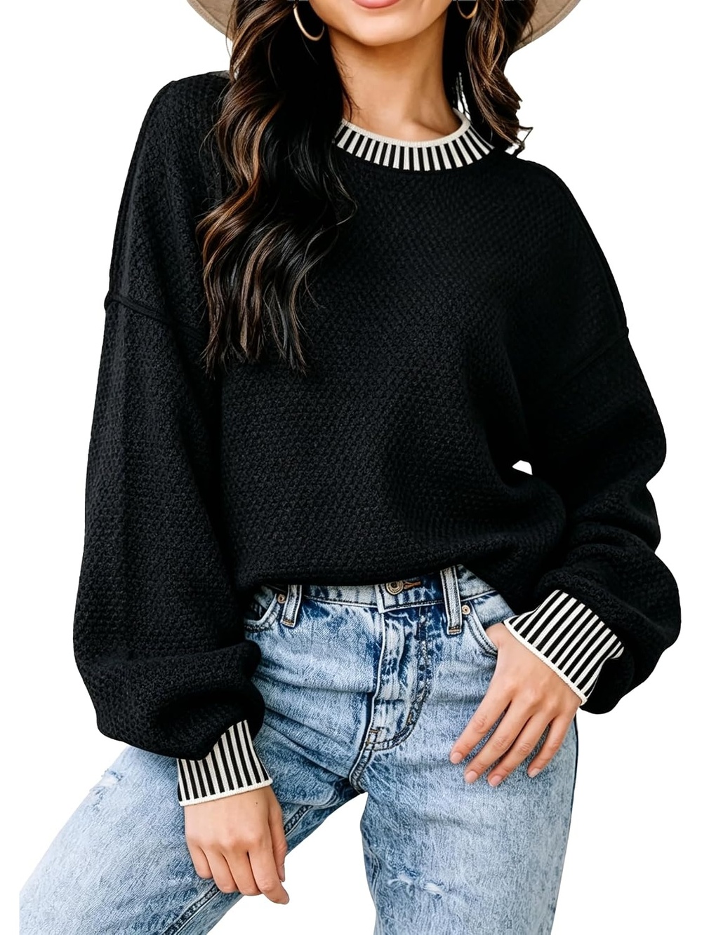 🆕 Womens Black Striped Trim Knit Sweater Crewneck Long Sleeve Slouchy Top